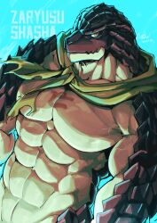 Rule 34 | 1boy, abs, bara, canyne khai, chest tattoo, cloaca, completely nude, frown, furry, furry male, highres, jewelry, large pectorals, lizardman, looking at viewer, male focus, muscular, muscular male, nude, overlord (maruyama), pectorals, plant, scales, scar, scarf, solo, stomach, tattoo, zaryusu shasha