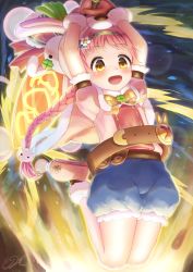 Rule 34 | 1girl, animal ears, animal hat, arms up, belt, blue shorts, blush, braid, fake animal ears, fur-trimmed mittens, fur trim, hair ornament, hammer, hat, j2l, jumping, long hair, mimi (princess connect!), mittens, open mouth, pink hair, princess connect!, rabbit ears, rabbit hair ornament, rabbit hat, red mittens, shorts, smile, solo, twin braids, twintails, very long hair