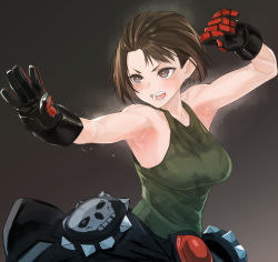 Rule 34 | armpits, black background, black gloves, brown eyes, brown hair, capcom, fighting stance, flying sweatdrops, gloves, green tank top, haishima xv, justice gakuen, kazama akira, open mouth, outstretched arm, scowl, short hair, simple background, skull print, solo, steam, steaming body, street fighter, street fighter v, sweat, tank top, teeth