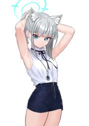 Rule 34 | 1girl, absurdres, adjusting hair, alternate costume, animal ear fluff, animal ears, armpits, arms up, blue archive, blue eyes, bow, bowtie, cowboy shot, cross hair ornament, extra ears, grey hair, hair ornament, halo, highres, jewelry, medium hair, mismatched pupils, nanana narang, necklace, ponytail, shiroko (blue archive), shirt, short shorts, shorts, simple background, solo, standing, white background, white shirt
