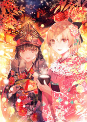 Rule 34 | 2girls, ahoge, alternate costume, amazake (drink), architecture, arrow (projectile), black bow, black hair, bow, commentary request, dated, east asian architecture, ema, fate/grand order, fate (series), floral print, flower, fur-trimmed kimono, fur trim, hair bow, hair flower, hair ornament, hamaya, hat, highres, japanese clothes, kimono, koha-ace, long hair, long sleeves, looking at viewer, military hat, multiple girls, night, obi, obijime, oda nobunaga (fate), oda nobunaga (koha-ace), oda uri, okita souji (fate), okita souji (koha-ace), open mouth, peaked cap, pink kimono, platinum blonde hair, red eyes, rioka (southern blue sky), sash, short hair, smile, twitter username, wide sleeves, yellow eyes