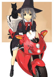 Rule 34 | 1girl, bow, cat, frills, ganzyu i, hat, motor vehicle, motorcycle, solo, vehicle, witch, witch hat