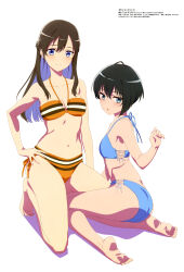 2girls absurdres ass bare_shoulders bikini black_hair blue_bikini blue_eyes breasts brown_hair cleavage cross-laced_bikini cross-laced_clothes hand_on_own_hip highres ishii_hisao kneeling large_breasts long_hair looking_at_viewer looking_back magazine_scan megami_magazine midriff multiple_girls na_nare_hana_nare navel obunai_suzuha official_art orange_bikini scan short_hair simple_background small_breasts smile soles swimsuit tanizaki_shion thighs two-tone_bikini white_background