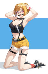 Rule 34 | 1girl, absurdres, armpits, belt, black shirt, breasts, brown hair, collar, commission, full body, gag, gagged, girls&#039; frontline, glasses, grizzly mkv (girls&#039; frontline), grizzly mkv (weekend cop) (girls&#039; frontline), highres, holding, improvised gag, looking at viewer, medium breasts, mentha, navel, open mouth, purple eyes, red socks, ring gag, second-party source, shirt, shoes, short hair, shorts, skindentation, socks, solo, tank top, thigh strap, yellow shorts