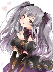 Rule 34 | 1girl, :d, black bow, black gloves, bow, breasts, cleavage, detached sleeves, flower, gloves, grey eyes, grey hair, hair bow, head tilt, heart, idolmaster, idolmaster shiny colors, kakitsubata zero, looking at viewer, medium breasts, open mouth, puffy short sleeves, puffy sleeves, red flower, red rose, rose, short sleeves, smile, solo, star (symbol), twintails, underbust, white background, yukoku kiriko