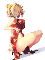 Rule 34 | 1girl, :o, ass, black footwear, blonde hair, blue eyes, bombergirl, breasts, china dress, chinese clothes, dress, from behind, full body, hair ornament, highres, large breasts, looking at viewer, multicolored hair, pine (bombergirl), print dress, red dress, shoes, short hair, simple background, solo, thighs, two-tone hair, wat (worldlog), white background