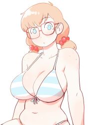 Rule 34 | 1girl, absurdres, ahoge, arms at sides, bare shoulders, bikini, blue bikini, blue eyes, body freckles, breasts, cleavage, collarbone, colo (nagrolaz), commentary, english commentary, freckles, front-tie bikini top, front-tie top, glasses, hair bobbles, hair ornament, halterneck, highres, large breasts, light blush, long hair, looking at viewer, low twintails, navel, no pupils, open mouth, orange hair, red-framed eyewear, rita (sweethex), simple background, sitting, solo, straight hair, striped bikini, striped clothes, sweethex, swimsuit, twintails, two-tone bikini, upper body, white background, white bikini