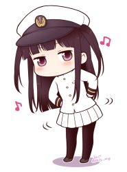 Rule 34 | 10s, 1girl, beamed quavers, black hair, black pantyhose, blush, commentary request, dancing, female admiral (kancolle), hat, kantai collection, little girl admiral (kancolle), long hair, migu (migmig), military, military uniform, musical note, naval uniform, no mouth, pantyhose, peaked cap, purple eyes, quaver, skirt, solo, twintails, twitter username, uniform