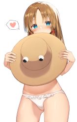 Rule 34 | 1girl, absurdres, blonde hair, blue eyes, blush, commentary request, covered mouth, cowboy shot, gluteal fold, hat, heart, highres, holding, holding clothes, holding hat, long hair, looking at viewer, mamemochi, moriya suwako, panties, parted bangs, simple background, solo, spoken heart, touhou, underwear, unworn hat, unworn headwear, white background, white panties