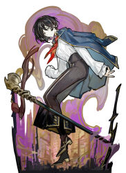 Rule 34 | 1girl, black footwear, black hair, black pants, blue coat, closed mouth, coat, coat on shoulders, frilled sleeves, frills, gold trim, grey eyes, high-waist pants, highres, kiseru, long sleeves, moses (project moon), multicolored hair, neckerchief, nishikujic, pants, project moon, red neckerchief, shirt, shoes, short hair, simple background, smoke, smoking pipe, solo, streaked hair, the distortion detective, white background, white shirt