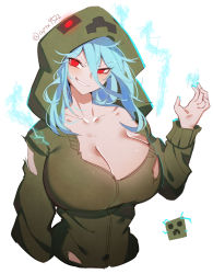 Rule 34 | 1girl, absurdres, at2., blue hair, blush, breasts, charged creeper, creeparka, creeper, cupa (at2.), electricity, highres, hood, hoodie, large breasts, long hair, long sleeves, looking at viewer, minecraft, open mouth, personification, red eyes, simple background, smile, solo, torn clothes, torn hoodie, twitter username, white background