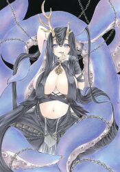 Rule 34 | 1girl, absurdres, arm behind head, azur lane, bandaged wrist, bandages, black choker, black dress, black hair, black nails, blue eyes, breasts, broken horn, brooch, chain, choker, commentary request, covered erect nipples, dress, golden hind (azur lane), highres, horns, huge breasts, jewelry, licking lips, long hair, marker (medium), mole, mole under mouth, nail polish, navel, solo, stomach, tentacles, tongue, tongue out, traditional media, very long hair, yuuki hana (jtnp5334)