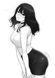 Rule 34 | 1girl, absurdres, bare shoulders, blush, breasts, greyscale, grin, highres, long hair, looking at viewer, medium breasts, midriff, monochrome, original, simple background, skirt, smile, solo, sweat, tank top, tantanmen72, white background
