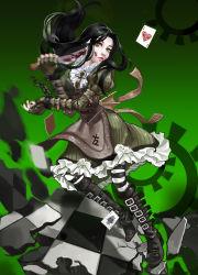 Rule 34 | 1girl, absurdres, alice: madness returns, alice (alice in wonderland), alice in wonderland, alice liddell (american mcgee&#039;s alice), american mcgee&#039;s alice, black hair, blood, boots, card, green eyes, high heel boots, high heels, highres, knife, playing card, thighhighs