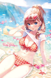 Rule 34 | 1girl, :p, amamine, arm support, bikini, bikini under clothes, blue eyes, blue sky, blush, brown hair, clothes lift, cloud, cloudy sky, commentary request, day, eyewear on head, flower, flower on liquid, front-tie bikini top, front-tie top, hair between eyes, heart, heart-shaped eyewear, horizon, lifted by self, long hair, navel, ocean, original, outdoors, palm tree, polka dot, polka dot bikini, ponytail, red-tinted eyewear, red bikini, red flower, sandals, unworn sandals, see-through, shallow water, shirt, shirt lift, short sleeves, side-tie bikini bottom, signature, sky, solo, swimsuit, thigh gap, tinted eyewear, tongue, tongue out, tree, twitter username, water, wet, wet clothes, wet shirt, white flower, white shirt, yellow footwear