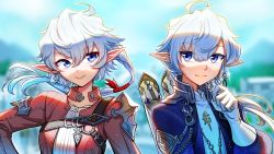 Rule 34 | 1boy, 1girl, alisaie leveilleur, alphinaud leveilleur, blurry, blurry background, brother and sister, earrings, elezen, elf, final fantasy, final fantasy xiv, gloves, highres, jacket, jewelry, pointy ears, ponytail, red jacket, short hair, siblings, silversirius, single earring, smile, sparkle, twins, upper body, weapon, weapon on back, white gloves, white hair