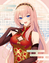 Rule 34 | 1girl, arm warmers, artist name, bare shoulders, black gloves, blue eyes, breast cutout, china dress, chinese clothes, cleavage cutout, clothing cutout, commentary, dress, egasumi, elbow gloves, gloves, gold trim, hairband, hand on own chest, hand up, headset, highres, kougyoku (module), long hair, looking at viewer, megurine luka, nokuhashi, open mouth, pink hair, project diva (series), red dress, round window, sleeveless, sleeveless dress, smile, solo, upper body, vocaloid, window