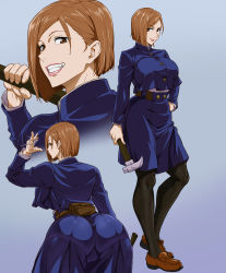 Rule 34 | 1girl, absurdres, ass, breasts, brown eyes, brown hair, clenched teeth, closed mouth, feet, female focus, from behind, full body, game cg, gradient background, hammer, hand on own hip, highres, holding, holding hammer, jujutsu kaisen, jujutsu tech uniform, kugisaki nobara, large breasts, looking at viewer, matching hair/eyes, multiple views, nail, numahana, pantyhose, shoes, short hair, simple background, skirt, smile, solo, standing, teeth, uniform