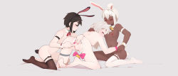 Rule 34 | 3girls, absurdres, all fours, anal, anal object insertion, anal tail, animal ears, ass, barefoot, bell, black hair, black legwear, breasts, cat ears, cat tail, closed mouth, dark-skinned female, dark skin, closed eyes, fake animal ears, fake tail, fff threesome, from behind, from side, grey background, group sex, highres, jingle bell, long hair, medium breasts, multiple girls, navel, nipples, nude, object insertion, original, pink ribbon, profile, pussy, rabbit ears, red eyes, ribbon, short hair, sidelocks, simple background, single thighhigh, sitting, smile, star-kiss, tail, tail bell, tail ornament, tail ribbon, tan, thigh strap, thighhighs, threesome, wariza, white hair, white legwear, wrist cuffs, yellow eyes, yuri