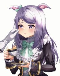Rule 34 | 1girl, :o, absurdres, animal ears, blush, bow, bowtie, chanpower233, cheek pull, commentary, cup, dress, ear ribbon, frilled dress, frills, gloves, highres, holding, holding cup, holding plate, horse ears, horse girl, horse tail, long hair, long sleeves, looking to the side, maid, mejiro mcqueen (umamusume), parted bangs, plate, purple eyes, purple hair, school uniform, shirt, simple background, solo, swept bangs, tail, tea, teacup, tearing up, umamusume, white background