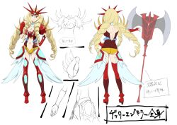 Rule 34 | ass, axe, blonde hair, blue eyes, breasts, character sheet, cleavage, drill hair, expressionless, geppera-sama, getter robo, gloves, high heels, highres, large breasts, multiple views, navel, official art, robot girls z, thighhighs