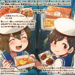 Rule 34 | 2girls, ^ ^, blue sailor collar, brown eyes, brown hair, closed eyes, colored pencil (medium), commentary request, daitou (kancolle), dated, food, hat, hiburi (kancolle), holding, holding spoon, kantai collection, kirisawa juuzou, multiple girls, numbered, open mouth, sailor collar, short hair, smile, spoon, traditional media, translation request, twitter username, white hat