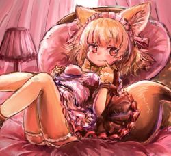 Rule 34 | 10s, 1girl, alternate costume, animal ear fluff, animal ears, apron, blonde hair, bow, bowtie, breasts, closed mouth, commentary, dress, extra ears, feet out of frame, fennec (kemono friends), finger to mouth, fox ears, fox tail, frilled hairband, frills, gloves, hairband, hands up, heart, heart-shaped pupils, indoors, kemono friends, knees up, lolita hairband, looking at viewer, lying, medium breasts, nipples, no bra, on back, one breast out, panties, pillow, red eyes, shiitake fuumi, sidelocks, smile, solo, symbol-shaped pupils, tail, thighhighs, underwear, white panties, yellow thighhighs
