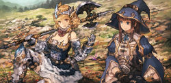 Rule 34 | 2girls, armor, axe, black gloves, blonde hair, blue eyes, blunt bangs, boots, bow, bowtie, breasts, brown hair, cleavage, dress, earrings, eyebrows, fantasy, gloves, grass, hat, jean popo, jewelry, long hair, long sleeves, looking at another, mountain, multiple girls, neck ribbon, on ground, open mouth, original, outdoors, over shoulder, pointy ears, puffy sleeves, red eyes, ribbon, scenery, short hair, sitting, sleeveless, sleeveless dress, striped bow, striped bowtie, striped clothes, striped neckwear, talking, tree, weapon, weapon over shoulder, wizard hat