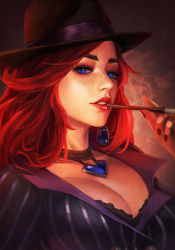 Rule 34 | 1girl, absurdres, bra, breasts, choker, cigarette holder, cleavage, earrings, eyelashes, eyeliner, heart pendant, highres, jewelry, lace, lace-trimmed bra, lace trim, large breasts, league of legends, lips, lipstick, long hair, looking at viewer, crime city miss fortune, makeup, miss fortune (league of legends), monori rogue, nose, paid reward available, pendant, pinstripe pattern, red hair, smoke, smoking, solo, striped, thick eyebrows, underwear