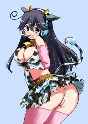 Rule 34 | 1girl, animal ears, animal print, ass, bare shoulders, bell, black hair, blue eyes, blush, breast hold, breasts, cleavage, collar, cosplay, cow ears, cow horns, cow print, cow tail, cowbell, detached sleeves, female focus, gloves, headset, horns, idolmaster, idolmaster cinderella girls, kantai collection, large breasts, long hair, looking at viewer, microskirt, neck bell, oikawa shizuku, oikawa shizuku (cosplay), open mouth, perepere-kun, pink thighhighs, pun, skirt, solo, tail, tears, thighhighs, ushio (kancolle), white gloves