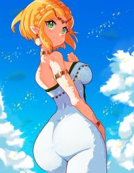 Rule 34 | 1girl, armlet, ass, back, bare shoulders, blonde hair, blue sky, bracelet, breasts, choker, closed mouth, cloud, cowboy shot, day, dress, green eyes, highres, jewelry, large breasts, looking back, nintendo, pointy ears, princess zelda, short hair, sky, solo, standing, strapless, strapless dress, the legend of zelda, the legend of zelda: tears of the kingdom, tiger1001, white dress