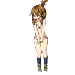 Rule 34 | &gt; &lt;, 10s, 1girl, blush, bow, bow bra, bra, brown hair, darkside, closed eyes, folded ponytail, inazuma (kancolle), kantai collection, long hair, navel, open mouth, panties, polka dot, polka dot bra, polka dot panties, solo, underwear, underwear only, white bra, white panties