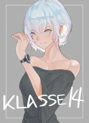 Rule 34 | 1girl, bad id, bad twitter id, blue eyes, blue hair, closed mouth, dress, grey background, grey dress, hand up, highres, looking at viewer, original, reido (reido c), simple background, smile, solo, upper body, watch, wristwatch