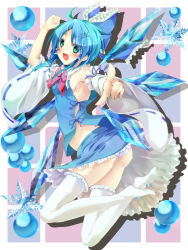 Rule 34 | 1girl, ahoge, aqua hair, armpits, ass, bad id, bad pixiv id, blue eyes, blue hair, bow, bubble, cirno, colored eyelashes, cosplay, detached sleeves, eyelashes, foreshortening, gradient eyes, gradient hair, green eyes, hair bow, hakurei reimu, hakurei reimu (cosplay), highres, legs, matching hair/eyes, multicolored eyes, multicolored hair, nironiro, short hair, snowflakes, solo, thighhighs, touhou, white thighhighs, wings