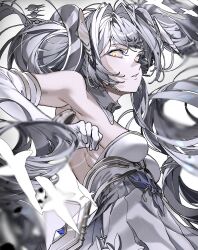 Rule 34 | 1girl, breasts, cleavage, detached collar, dress, elbow gloves, floating hair ornament, gloves, grey theme, highres, long hair, luna (punishing: gray raven), orange eyes, parted lips, punishing: gray raven, small breasts, white dress, white gloves, yongsadragon