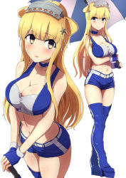 Rule 34 | 1girl, blonde hair, blue choker, blue footwear, blue gloves, blue shorts, boots, breasts, choker, cleavage, collarbone, comala (komma la), commentary request, cowboy shot, double bun, fingerless gloves, fletcher (kancolle), full body, gloves, hairband, highres, kantai collection, large breasts, long hair, looking at viewer, midriff, multiple views, race queen, short shorts, shorts, simple background, standing, thigh boots, thighhighs, umbrella, white background, yellow eyes