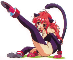 Rule 34 | 1girl, animal ears, breasts, cat ears, cat tail, full body, fur, gloves, large breasts, leg up, long hair, looking at viewer, nina (words worth), official art, orange eyes, pink hair, red hair, rin-sin, simple background, solo, tail, tongue, tongue out, white background, words worth