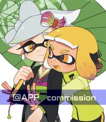 2girls agent_4_(splatoon) artist_name behind-the-head_headphones black_haori black_shorts bow-shaped_hair chinese_commentary closed_mouth colored_tongue commentary_request commission cross-shaped_pupils earrings gradient_hair grey_hair grey_kimono haori headphones holding holding_umbrella hoop_earrings hug hug_from_behind ichijip_app inkling jacket japanese_clothes jewelry kimono long_sleeves looking_at_another marie_(splatoon) medium_hair mole mole_under_eye multicolored_hair multiple_girls nintendo obi obiage obijime official_alternate_costume oil-paper_umbrella open_mouth orange_eyes orange_hair orange_tongue pointy_ears purple_hair sash short_hair shorts smile splatoon_(series) splatoon_2 swept_bangs symbol-shaped_pupils tentacle_hair umbrella watermark white_background wide_sleeves yellow_eyes yellow_jacket