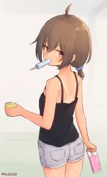Rule 34 | 1girl, ahoge, artist name, back, barley tea, black camisole, blush, breasts, brown hair, camisole, centi mnkt, commentary request, cup, denim, denim shorts, food, food in mouth, highres, holding, holding cup, holding food, ice, ice cream, ice cube, looking at viewer, looking back, original, partial commentary, popsicle, popsicle in mouth, red eyes, short hair, short ponytail, shorts, sidelocks, simple background, sketch background, small breasts, solo, tan, twitter username