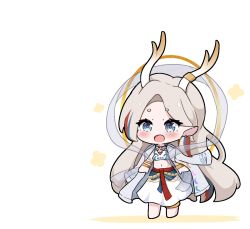 Rule 34 | 1girl, a deer of nine colors, animal ears, antlers, arknights, blue eyes, blue hair, blush, chibi, deer antlers, deer ears, deer girl, grey hair, horns, jacket, jacket on shoulders, jewelry, kurotofu, midriff, multicolored hair, navel, necklace, nine-colored deer, open mouth, pointy ears, red hair, ribbon, short eyebrows, simple background, skirt, solo, standing, strapless, streaked hair, thick eyebrows, thighlet, tube top, white background, white jacket, white ribbon, white skirt, white tube top
