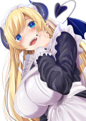 Rule 34 | 1girl, alternate costume, apron, black dress, black nails, blonde hair, blue eyes, blurry, blurry background, blush, breasts, commentary request, demon girl, demon horns, demon wings, dress, dutch angle, frilled apron, frills, from below, fumihiko (fu mihi ko), hand up, highres, hololive, horns, large breasts, long sleeves, looking at viewer, maid, maid apron, maid headdress, nail polish, open mouth, pointy ears, shiny clothes, sidelocks, simple background, solo, upper body, virtual youtuber, white apron, white background, winged heart, wings, yuzuki choco, yuzuki choco (maid)