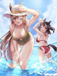 Rule 34 | 2girls, absurdres, animal ears, ass, bent over, bikini, black hair, breasts, brown hair, butt crack, cleavage, collarbone, commentary request, green one-piece swimsuit, hat, highres, horse ears, horse girl, kitasan black (umamusume), large breasts, long hair, looking at viewer, multiple girls, ocean, one-piece swimsuit, one eye closed, red bikini, rokico, satono diamond (umamusume), sky, straw hat, swimsuit, umamusume