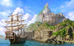 Rule 34 | bird, blue sky, building, castle, cliff, cloud, highres, lineage, lineage 2, no humans, ocean, outdoors, sail, scenery, seagull, ship, shore, sky, water, watercraft