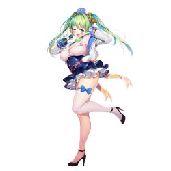 Rule 34 | 1girl, blush, breasts, cropped jacket, game cg, green eyes, green hair, high heels, highres, idol, idol clothes, jam (nandade), large breasts, last origin, lindwurm (last origin), looking at viewer, microphone, official art, one eye closed, skirt, smile, solo, tachi-e, thighhighs, transparent background, twintails, white thighhighs