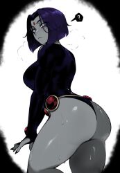 Rule 34 | 1girl, ?, ass, breasts, colored skin, colorized, curvy, dc comics, grey skin, highres, huge ass, looking at viewer, masoq, medium breasts, no pants, partially colored, purple hair, raven (dc), sideboob, solo, sweatdrop, teen titans, third-party edit, third-party source, witch