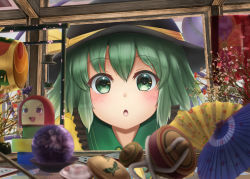 Rule 34 | 1girl, :o, black hat, blurry, blurry foreground, brooch, charm (object), collar, commentary request, display case, frilled shirt collar, frills, frog hair ornament, gourd, green collar, green eyes, green hair, hair ornament, hat, hat ribbon, highres, jewelry, komeiji koishi, light blush, looking at viewer, luke (kyeftss), miracle mallet, oil-paper umbrella, partial commentary, pyonta, ribbon, shirt, short hair, solo, spinning top, third eye, touhou, toy, toy block, twig, umbrella, upper body, yellow shirt, yukkuri shiteitte ne