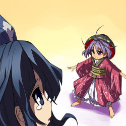 Rule 34 | 2girls, ahoge, barefoot, blue bow, blue eyes, blue hair, bow, bowl, bowl hat, commentary request, debt, from above, full body, gradient background, hair bow, hat, japanese clothes, kimono, long sleeves, looking at another, looking up, mini person, minigirl, multiple girls, obi, parted lips, petticoat, purple hair, red eyes, red kimono, sash, shadow, short hair, smile, standing, sukuna shinmyoumaru, syope, tears, touhou, white background, wide sleeves, yellow background, yellow sash, yorigami shion