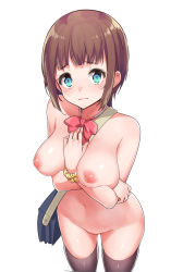 Rule 34 | 1girl, arm between breasts, bag, between breasts, black thighhighs, blue eyes, blunt bangs, blush, bow, bowtie, breasts, brown hair, closed mouth, collarbone, commentary request, embarrassed, from above, groin, hand on own chest, highres, konnyaku (kk-monmon), large breasts, looking at viewer, navel, nipples, nude, original, pink bow, pink bowtie, school bag, scrunchie, shiny skin, short hair, shoulder bag, simple background, skindentation, solo, standing, thighhighs, white background, wrist scrunchie, yellow scrunchie