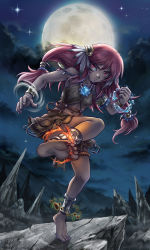 Rule 34 | 1girl, amulet, ankle cuffs, anklet, bare shoulders, barefoot, beads, bracelet, cloud, cloudy sky, dark skin, facial mark, feathers, feet, fighting stance, fire, full body, glaring, glowing, glowing eyes, hair ornament, jewelry, kicking, leather, long hair, looking at viewer, low twintails, martial arts, maxa&#039;, moon, navel, necklace, night, original, pendant, pink eyes, pink hair, red eyes, ribbon, rock, skirt, sky, soles, solo focus, standing, standing on one leg, tiptoes, toes, tribal, twintails, very long hair, water, wind