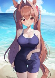 Rule 34 | 1girl, :o, animal ears, beach, blue sky, blue one-piece swimsuit, breasts, cleavage, cloud, daiwa scarlet (umamusume), dated, day, highres, hirota fruit, horse ears, horse girl, horse tail, large breasts, long hair, looking at viewer, ocean, one-piece swimsuit, outdoors, red eyes, red hair, sand, school swimsuit, sky, swimsuit, tail, thigh gap, twintails, twitter username, umamusume